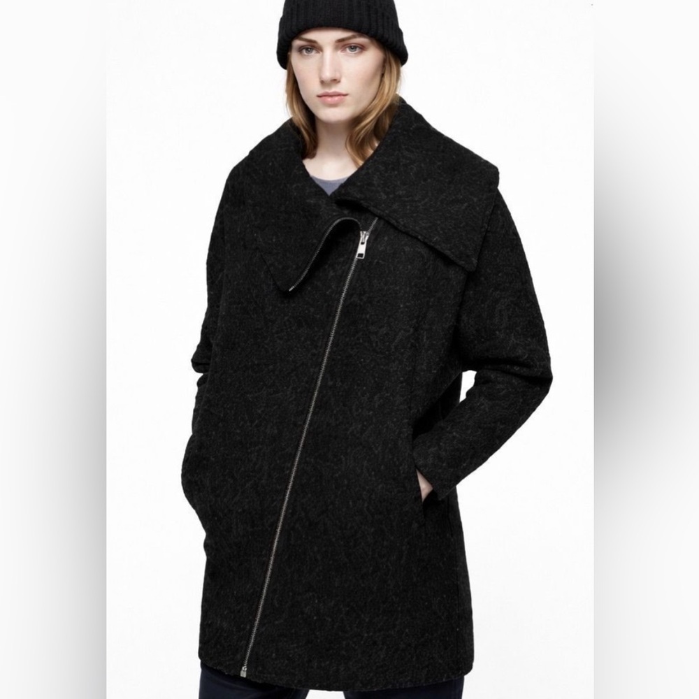 Just Female Black Bouclé Wool Blend Dolman Sleeve Zip Coat Small